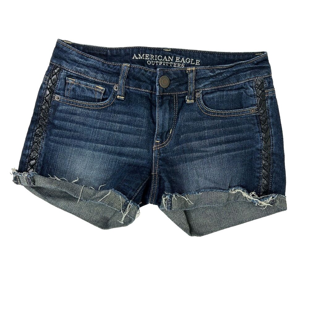 American Eagle Low Rise Cut Off Dark Denim Jean Cuff Shorts Braided Detail Sz 2